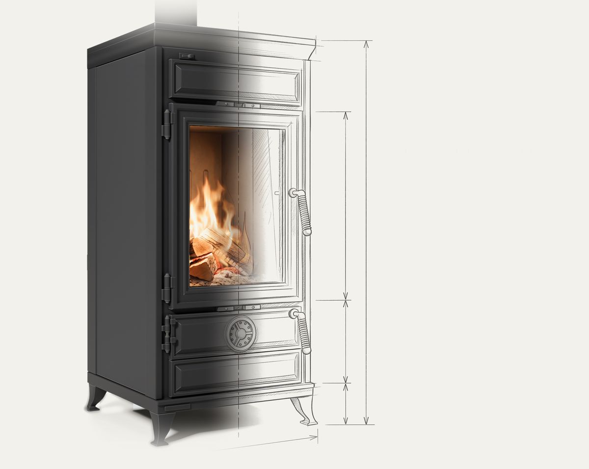 Wood stove ZNM-049: the render turns into a pencil drawing with dimension lines